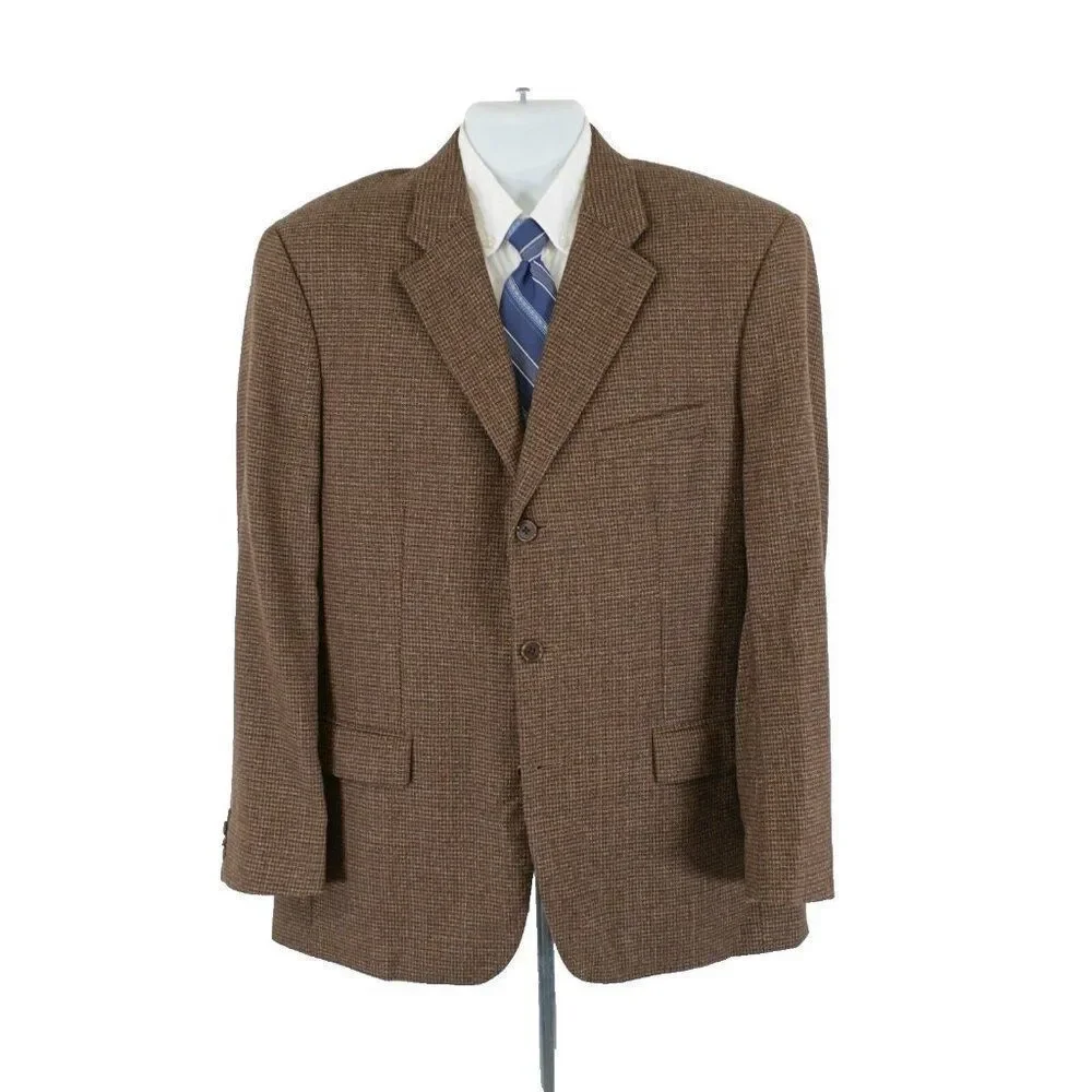 Talbots Men Brown Tan Gray Check‎ Tweed Wool 3 Button Sport Coat 42R
